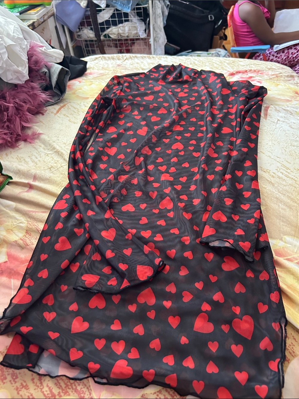 SHEIN Black Mesh Long Sleeve Dress with Red Heart Print